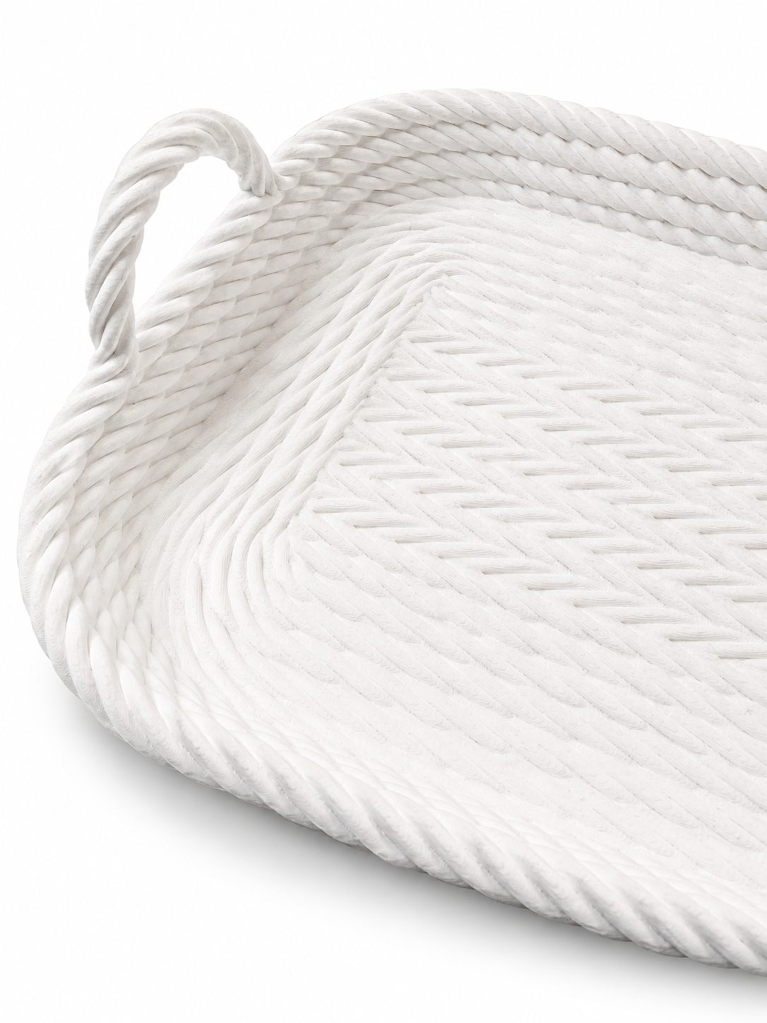 Close-up of white braided cable tray on a white background