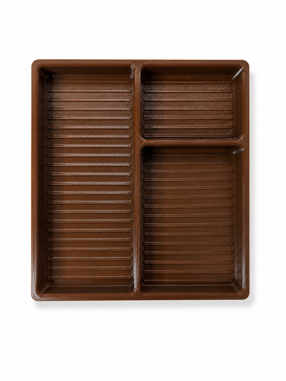 Brown rectangular tray with divided sections on a white background