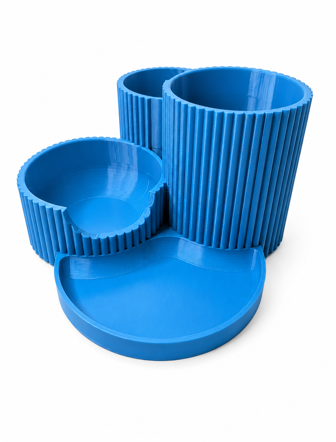 Blue desk organizer with four circular components on a white background
